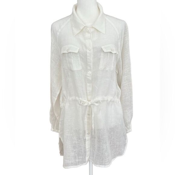 Irene Van Ryb white 100% linen drawstring waist tunic, long sleeves, size 42. - Picture 1 of 7
